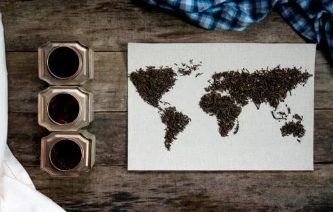 Map of the world, lined with tea leaves on old paper. Eurasia, America Stock Photos