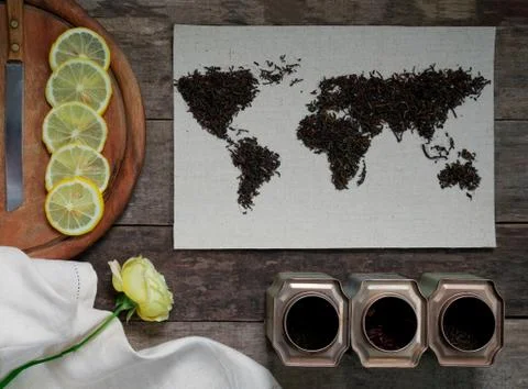 Map of the world, lined with tea leaves on old paper. Eurasia, America Stock Photos