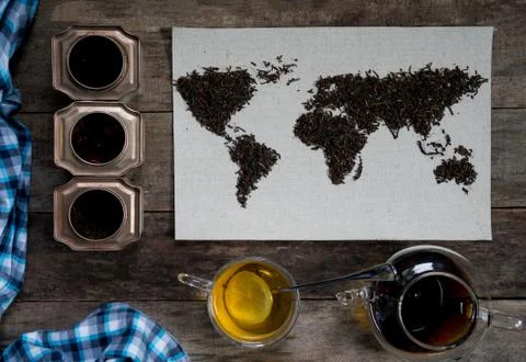 Map of the world, lined with tea leaves on old paper. Eurasia, America Stock Photos