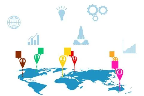 Map of the world with the locations of people's communication, messages Stock Illustration