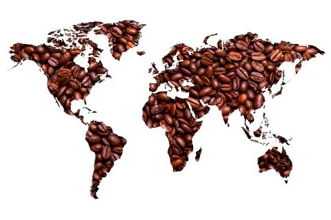 Map of the world made of roasted arabic coffee beans on white paper backgroun 库存照片