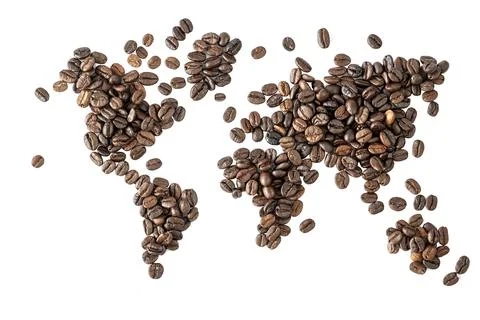 Map of the world made of roasted coffee beans isolated on white background. Stock Photos