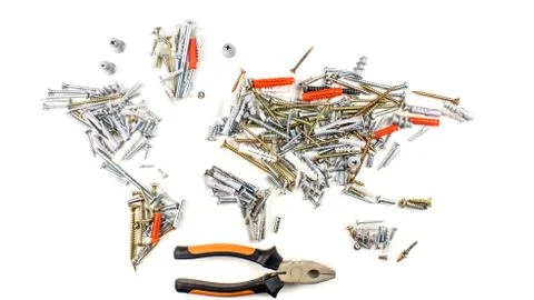 Map of the world made of screws, fasteners and other mechanical tools with pl Stock Photos