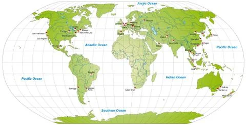 Map of the world with main cities in green Stock Illustration