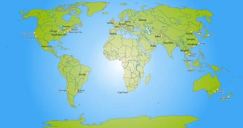 Map of the world with main cities Stock Illustration