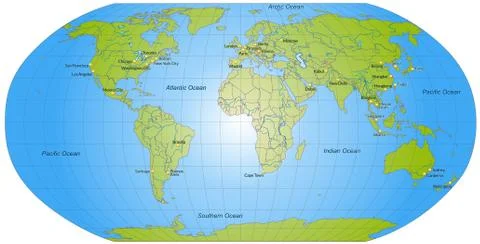 Map of the world with main cities 스톡 일러스트