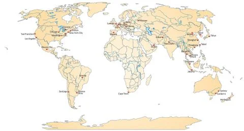 Map of world with main cities in pastel orange 스톡 일러스트