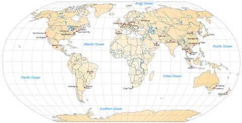Map of world with main cities in pastel orange 스톡 일러스트