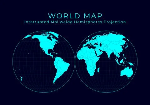 Map of The World. Mollweide projection interrupted into two (equal-area) he.. Illustrazione stock
