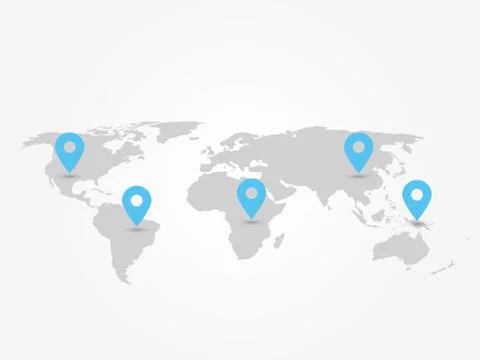 Map of World with navigation pointers. Grey map infographics with blue pins Stock Illustration