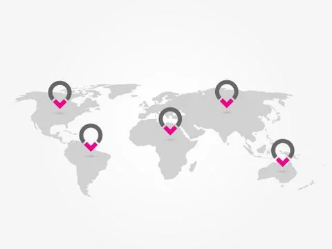 Map of World with navigation pointers. Grey map infographics with ring pins Stock Illustration