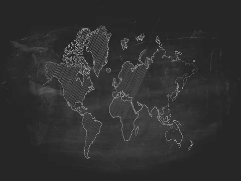 Map of the world, planimetry, drawing on chalkboard, chalk Stock Footage 80801284