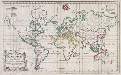 Map of the World.  Religions are indicated by colour.   After a work dated 1761 Illustrazione stock