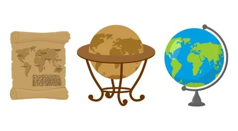 Map of world. Set of map Earth. Ancient scroll with drawing of continents and Illustrazione stock