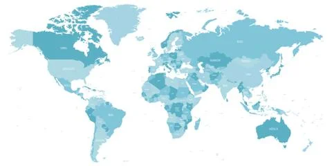 Map of World in shades of blue. High detail political map with country names Stock Illustration