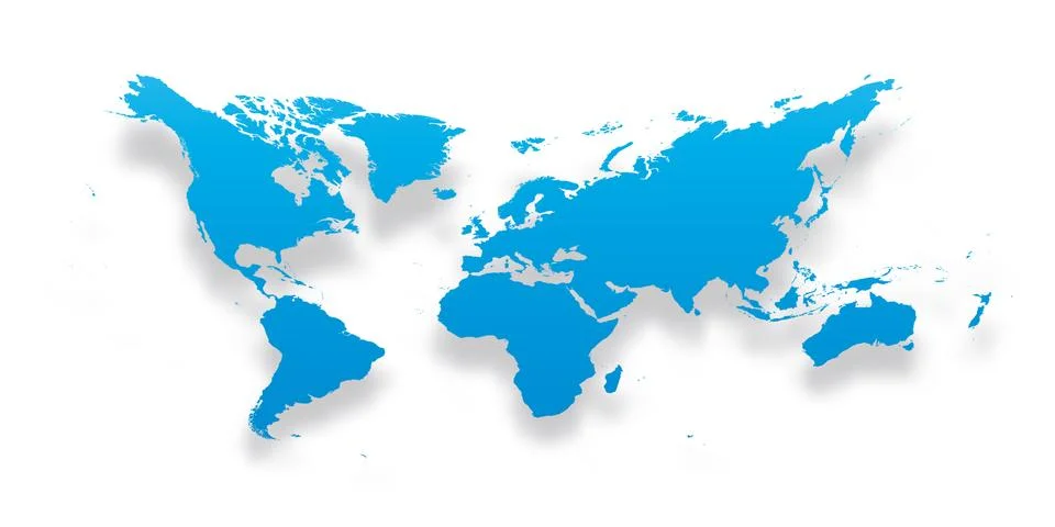 Map of World. Simple blue gradient silhouette with dropped shadow isolated on Illustrazione stock