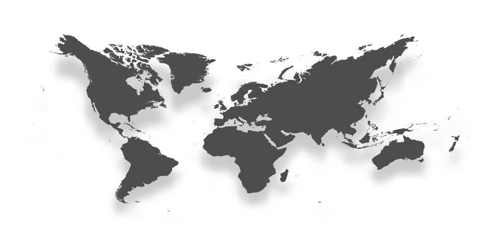 Map of World. Simple dark grey gradient silhouette with dropped shadow isolated Illustrazione stock
