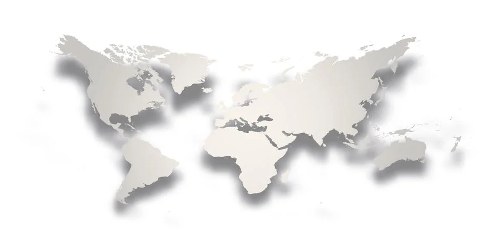 Map of World. Simple silver grey gradient silhouette with dropped shadow Stock Illustration