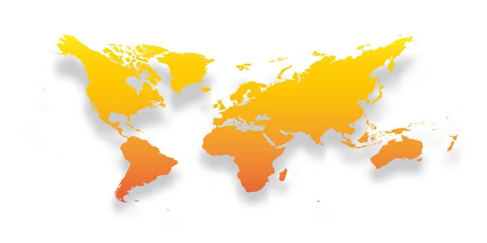 Map of World. Simple yellow-orange gradient silhouette with dropped shadow Illustrazione stock
