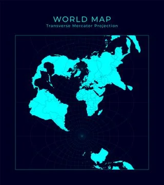 Map of The World. Transverse spherical Mercator projection. Futuristic Info.. Stock Illustration