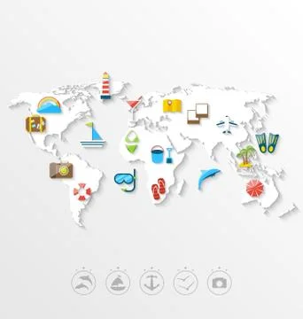 Map of World Travel Concept, Simple Colorful Flat Icons Illustrazione stock