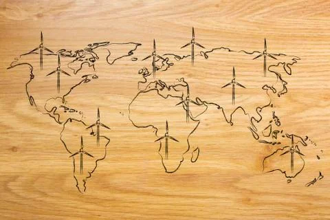 Map of the world with wind turbine all over, green economy Ilustração Stock