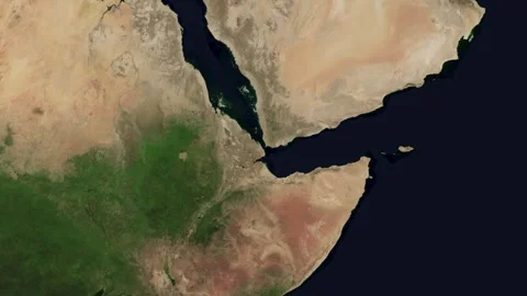 Map zoom into Bab el Mandeb Strait from space, highlighting it. Stock-Footage 342360034