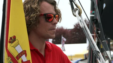 Mapfre sailing team getting ready for in port race during Volvo Ocean Race Stock Footage 50965994