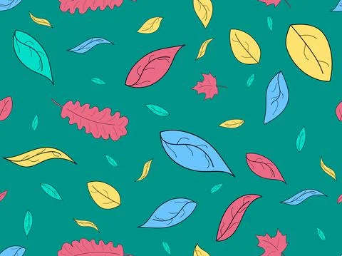 Maple and oak leaves with stroke seamless pattern. Colorful autumn falling le Illustrazione stock