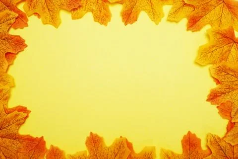 Maple autumn leaf border over on yellow background Stock Photos