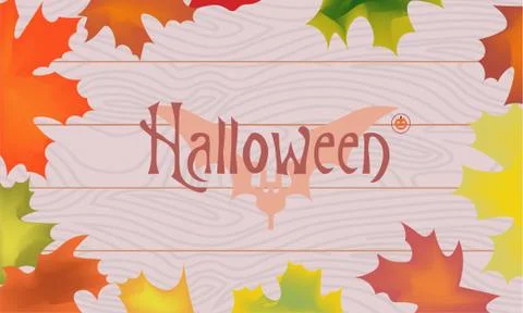 Maple color fall leaves, pumpkin, bat, halloween inscription in the center .. Illustrazione stock
