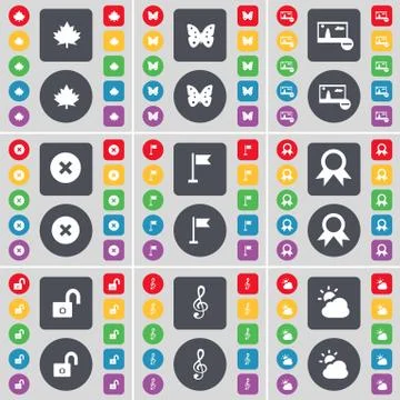 Maple leaf, Butterfly, Picture, Stop, Golf hole, Medal, Lock, Clef, Cloud icon s Stock Illustration