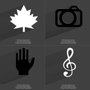 Maple leaf, Camera, Hand, Clef. Symbols with long shadow. Flat design Stockillustratie