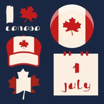 Maple leaf, canadian flag and cap on navy blue backdrop. Stock Illustration