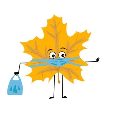 Maple leaf character with sad emotions, face and mask keep distance Stock Illustration