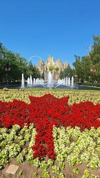 Maple leaf flower bed at a Canadian amusement park Stock Photos