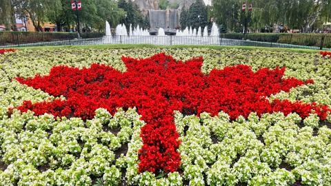 Maple leaf flower bed display at Canada's Wonderland Stock Photos