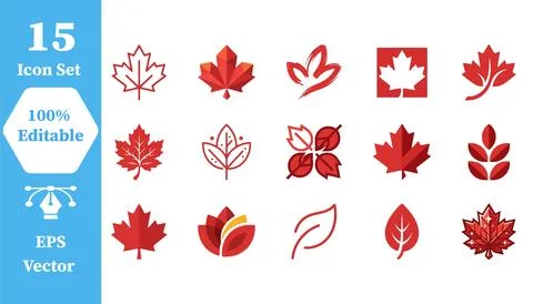 Maple leaf icon collection set of fifteen fall nature vector symbols Stock Illustration