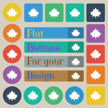 Maple leaf icon. Set of twenty colored flat, round, square and rectangular butto Illustrazione stock