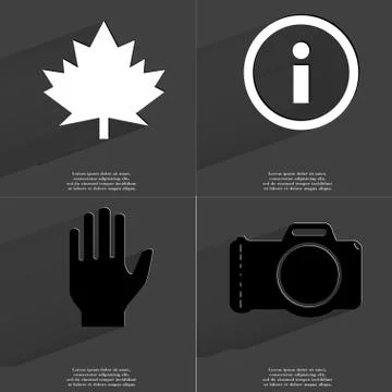 Maple leaf, Information sign, Hand, Camera. Symbols with long shadow. Flat desig イラスト素材