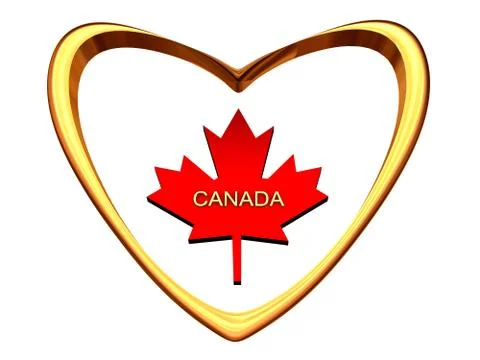 Maple leaf inside of gold heart. Stock Illustration