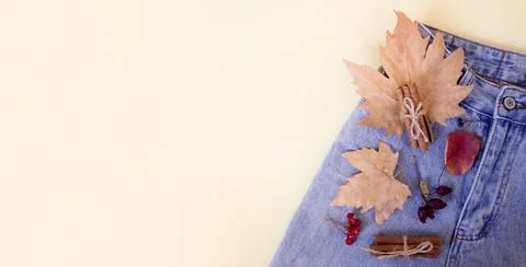 Maple leaf in jeans pocket. denim in autumn composicion. Flat lay. Top view. Stock Photos