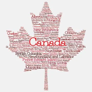 Maple leaf mad of cities and states of Canada in vector format. Can you find Stock Illustration