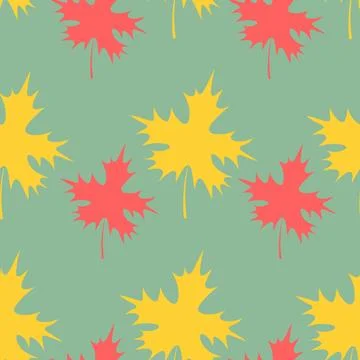 Maple leaf. Repeating vector pattern. Flat style. Green background. Stock Illustration