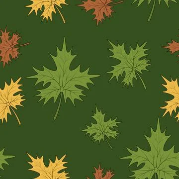 Maple leaf. Repeating vector pattern. Part of tree with veins. Green background. Stock Illustration
