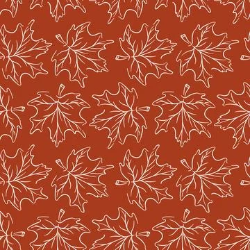 Maple leaf seamless pattern in line art style on red background. Linear, hand Illustrazione stock