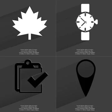 Maple leaf, Wrist watch, Task completed, Checkpoint icon sign. Set of Symbols Illustrazione stock