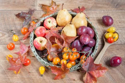 Maple leafs, apples, pears and other gifts of nature. Stock Photos