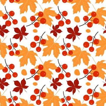Maple leaves berries seamless pattern, flat design template. Autumn backgroun 스톡 일러스트
