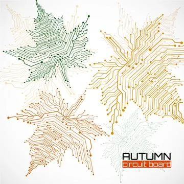 Maple leaves with circuit board, technological style for your design Stock Illustration